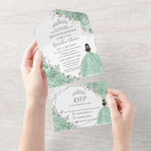 Invitation Tout En Un Mint Green Floral Princesse Silver Quinceañera 16