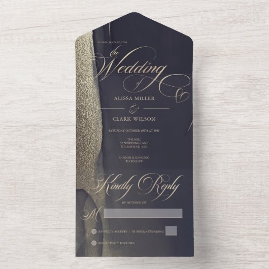 Invitation Tout En Un Minuit foncée Bleu & Or moderne Mariage peint (À l'intérieur)