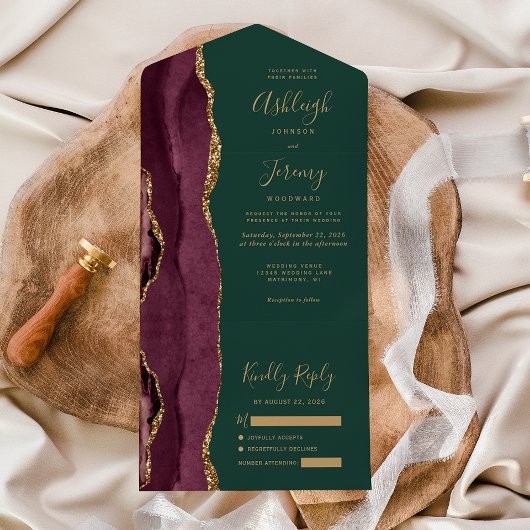 Invitation Tout En Un Modern Burgundy Gold Agate Green Wedding