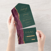 Invitation Tout En Un Modern Burgundy Gold Agate Green Wedding (Déchirure)