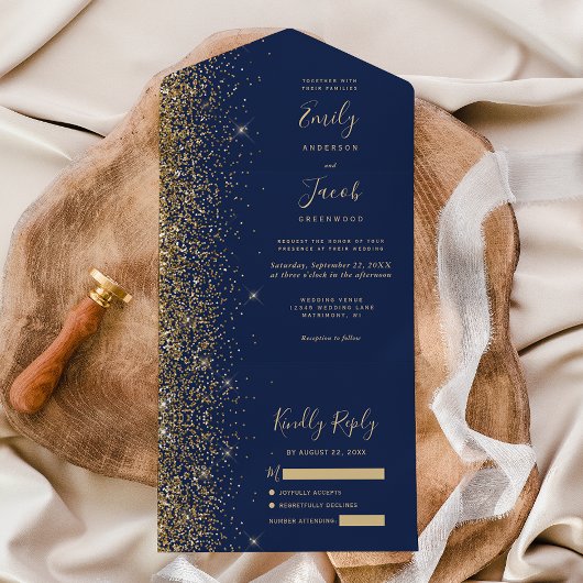 Invitation Tout En Un Modern Navy Blue Gold Glitter Wedding