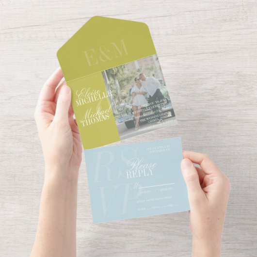 Invitation Tout En Un Modern Script Chartreuse and Blue Wedding (Déchirure)