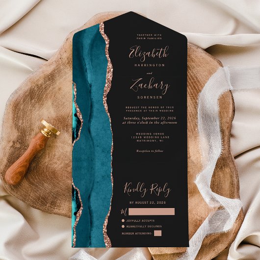 Invitation Tout En Un Modern Teal Blue Rose Gold Agate Dark Wedding