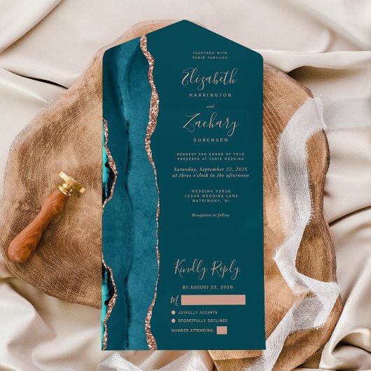 Invitation Tout En Un Modern Teal Blue Rose Gold Agate Wedding