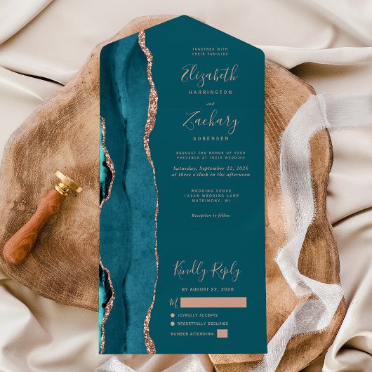 Invitation Tout En Un Modern Teal Blue Rose Gold Agate Wedding