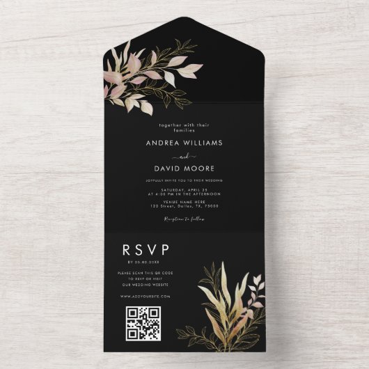 Invitation Tout En Un Moderne Black & Gold Greenery QR Code RSVP Mariage (À l'intérieur)