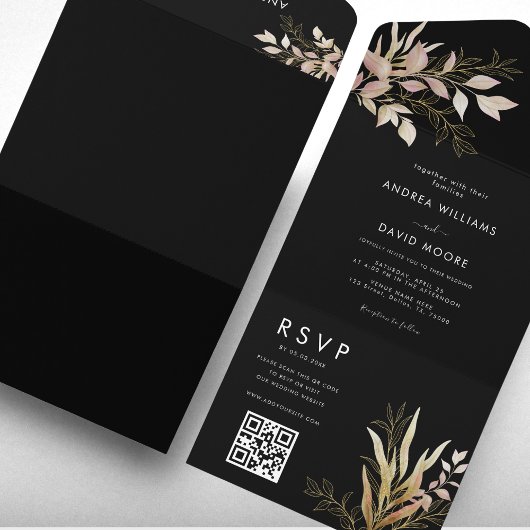 Invitation Tout En Un Moderne Black & Gold Greenery QR Code RSVP Mariage