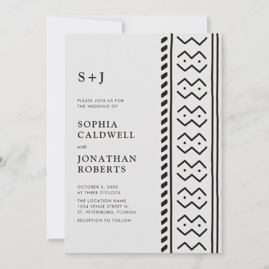 Invitation Tout en Un Moderne Boho Mudcloth Monogramme Mariag (Devant)