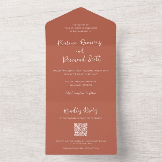 Invitation Tout En Un Moderne Burange Orange QR Code Simple Mariage (À l'intérieur)