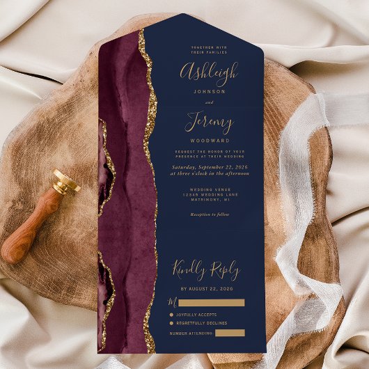 Invitation Tout En Un Moderne Burgundy Gold Agate Marine Blue Mariage