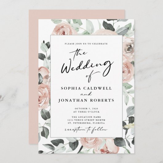 Invitation Tout en un Moderne Calligraphie Roses Rose Mariage (Devant / Derrière)