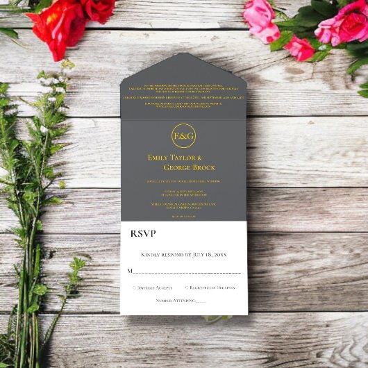 Invitation Tout En Un Moderne chic gris foncé or Script Mariage classiqu