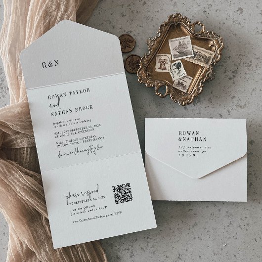 Invitation Tout En Un Moderne Chic noir et blanc QR Monogram Mariage