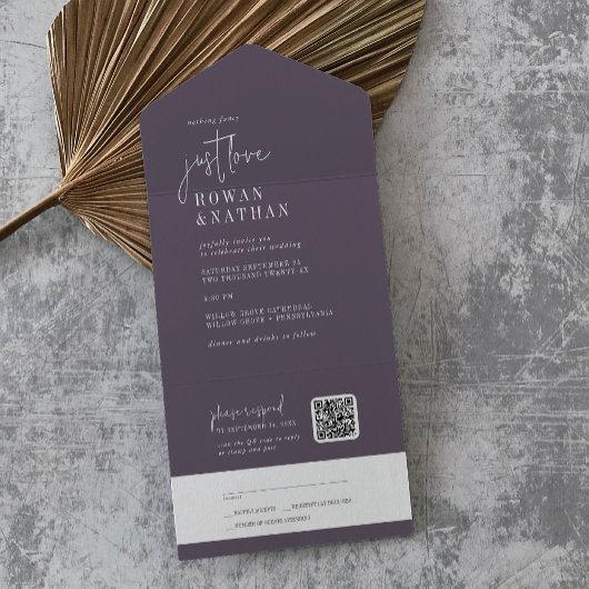 Invitation Tout En Un Moderne Chic Plum Purple Just Love QR Code Mariage