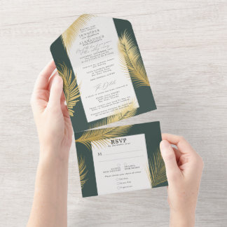 Invitation Tout En Un Moderne Chic Tropical Gold Palm Dark Green Mariage