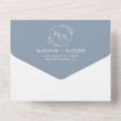 Invitation Tout En Un Moderne Dusty Blue 3 Photo Floral Wreath Mariage (Verso)