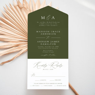 Invitation Tout En Un Moderne Élégant Monogramme Olive Green Mariage