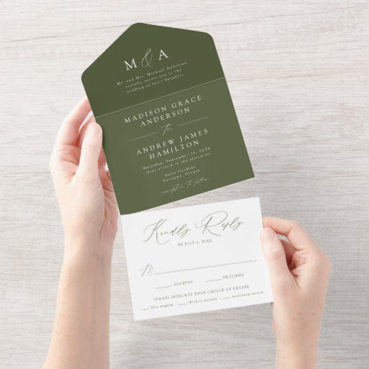 Invitation Tout En Un Moderne Élégant Monogramme Olive Green Mariage (Déchirure)
