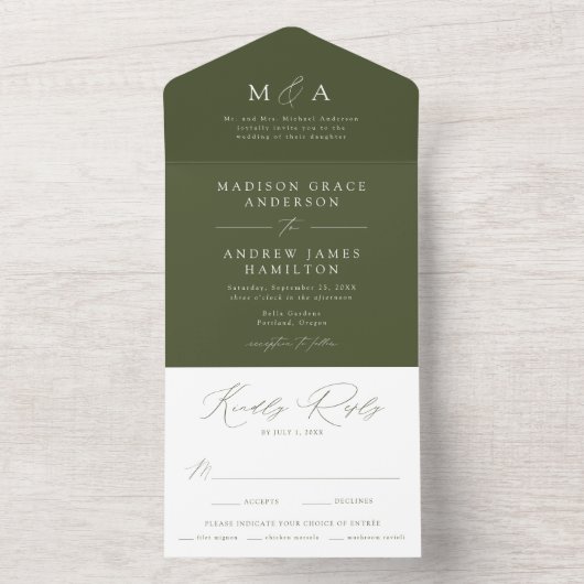 Invitation Tout En Un Moderne Élégant Monogramme Olive Green Mariage (À l'intérieur)