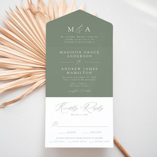 Invitation Tout En Un Moderne Élégant Monogramme Sage Mariage vert