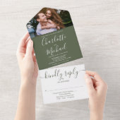 Invitation Tout En Un Moderne Elegant Olive Script Mariage photo Tous (Déchirure)