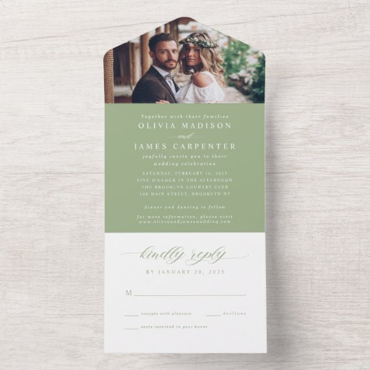 Invitation Tout En Un Moderne Elegant Sage Green Photo RSVP Mariage (À l'intérieur)