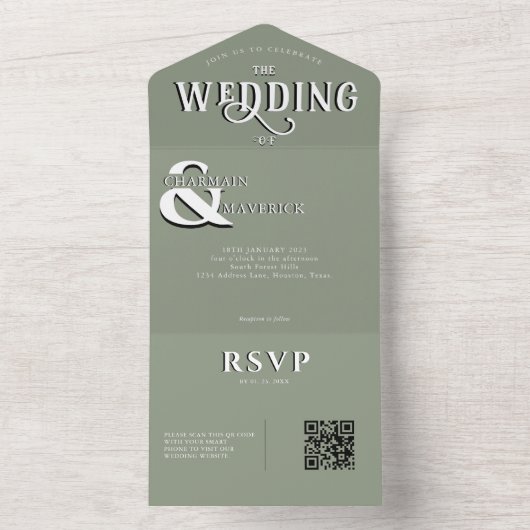 Invitation Tout En Un Moderne Elegant Sage Green QR Code Mariage (À l'intérieur)