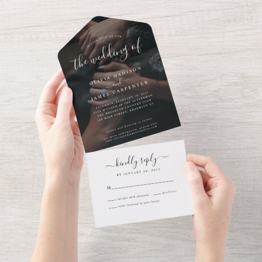 Invitation Tout En Un Moderne Élégant Script Calligraphie Mariage photo (Déchirure)
