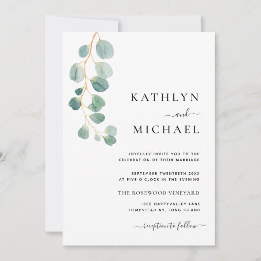 Invitation Tout en un moderne Eucalyptus Typographie Mariage (Devant)