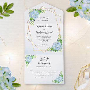 Invitation Tout En Un Moderne Floral Géométrique Bleu Hydrangée Mariage