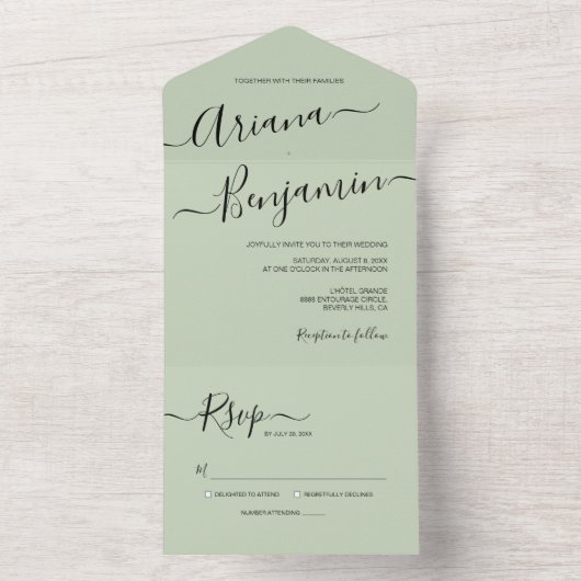 Invitation Tout En Un Moderne Green Chic Mariage Élégant Nom Script (À l'intérieur)