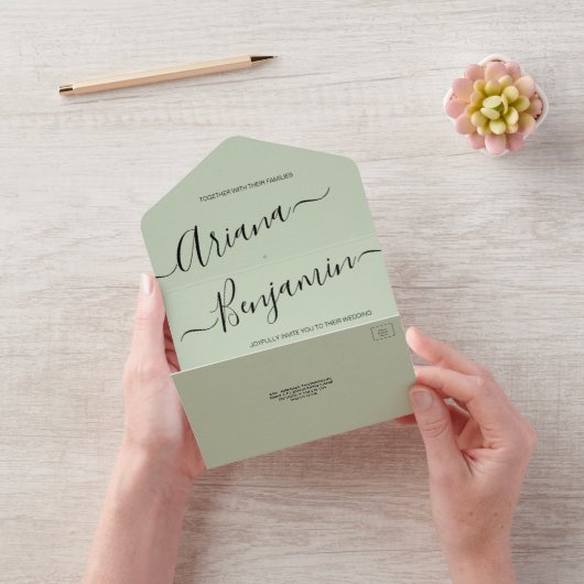 Invitation Tout En Un Moderne Green Chic Mariage Élégant Nom Script (Vidéo)