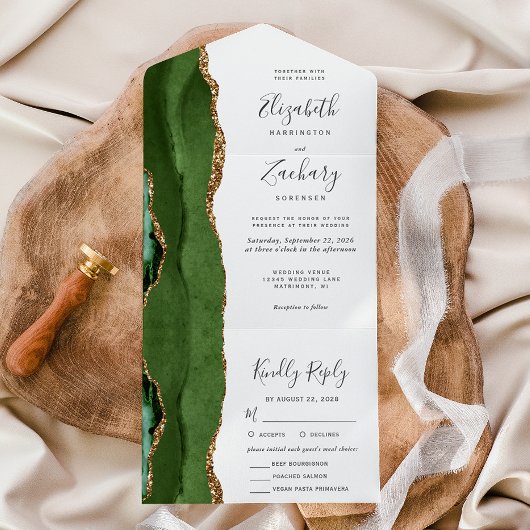 Invitation Tout En Un Moderne Hunter Green Gold Agate Repas Choice Maria