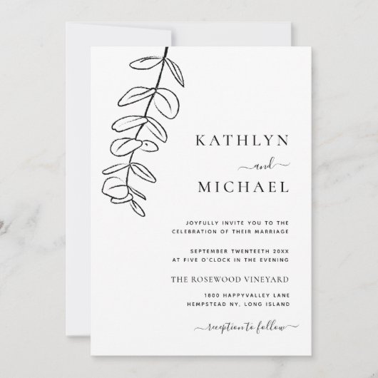 Invitation Tout en un moderne ligne Eucalyptus Mariage d'art (Devant)