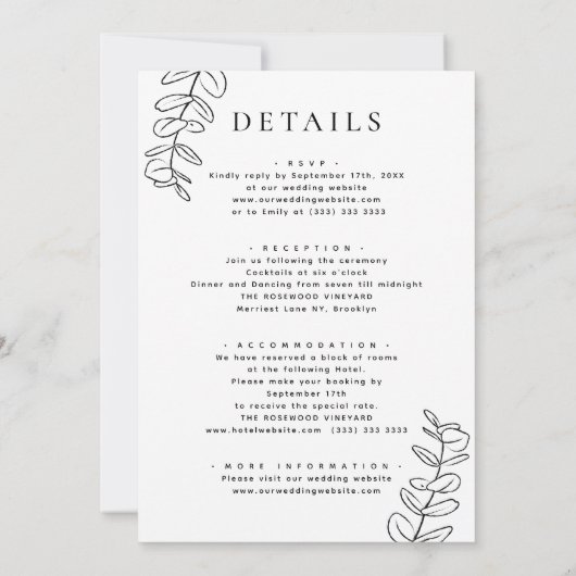 Invitation Tout en un moderne ligne Eucalyptus Mariage d'art (Dos)