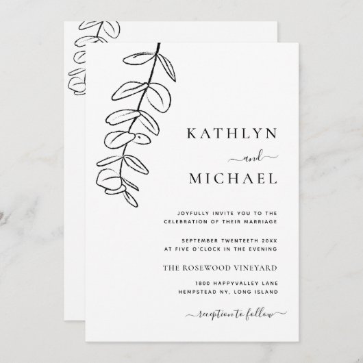 Invitation Tout en un moderne ligne Eucalyptus Mariage d'art (Devant / Derrière)