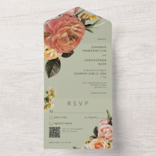Invitation Tout En Un Moderne Pêche Mimosa Floral Vert QR Code