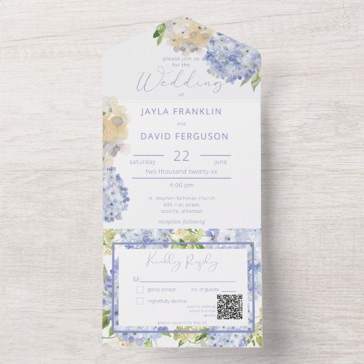 Invitation Tout En Un Moderne Périwinkel & Hydrangeas blanc Code QR (À l'intérieur)