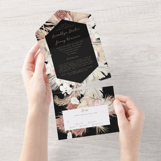 Invitation Tout En Un Moderne Premium Black sur Pampas Boho Desert Maria (Déchirure)