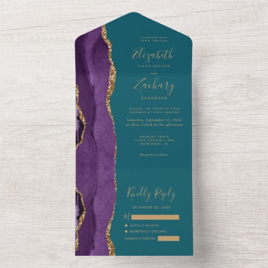 Invitation Tout En Un Moderne Purple Gold Agate Mariage Turquoise (À l'intérieur)