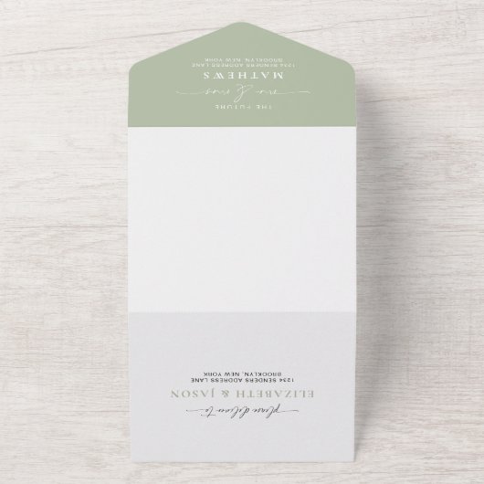 Invitation Tout En Un Moderne Script Sage Green Photo QR Code Mariage (Dehors)