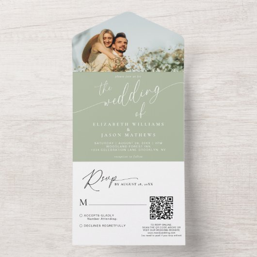Invitation Tout En Un Moderne Script Sage Green Photo QR Code Mariage (À l'intérieur)