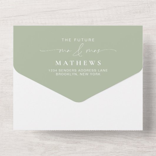 Invitation Tout En Un Moderne Script Sage Green Photo QR Code Mariage (Verso)