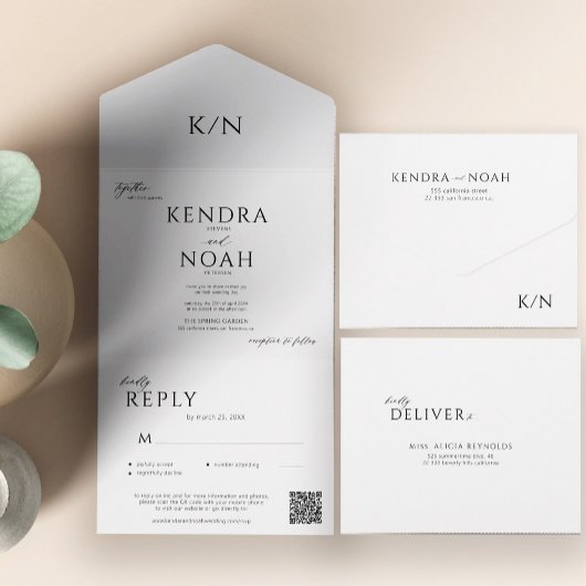 Invitation Tout En Un Moderne simple élégant monogramme qr code mariage