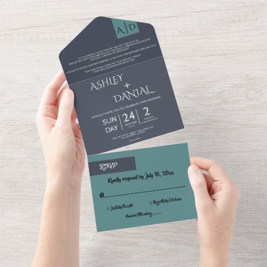 Invitation Tout En Un Moderne Simple Marine Bleu Turquoise Mariage éléga (Déchirure)