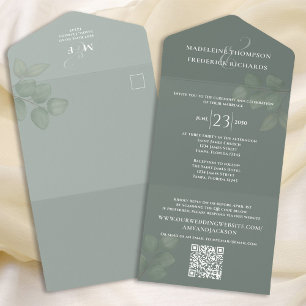 Invitation Tout En Un Moderne Simple Minimaliste Sage Vert   QR Code RSV