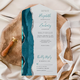 Invitation Tout En Un Moderne Turquoise bleu argenté Agate gris Mariage
