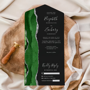 Invitation Tout En Un Moderne Vert Argent Agate Mariage foncé