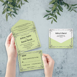 Invitation Tout En Un Moins Chic Script Sage Vert Boho Mariage Floral