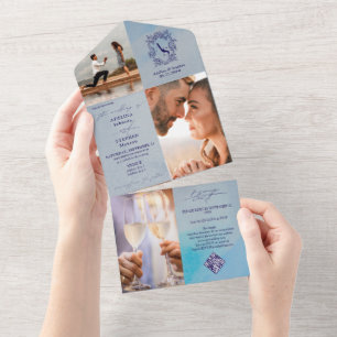 Invitation Tout En Un Monogram Crest 3 Photo QR Code Preppy Mariage bleu